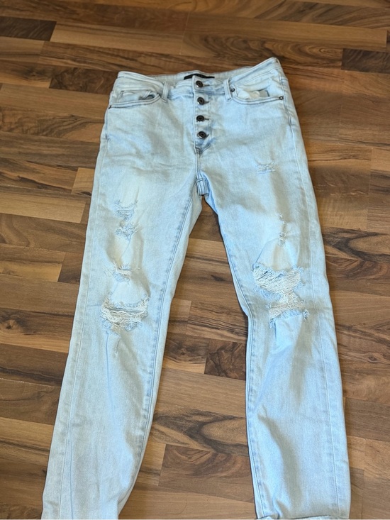 Risen Jeans Denim - Light Wash Distressed Boyfriend Jeans with Button Fly